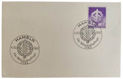 The First Day postcard with stamp for SA-Wehrkampftage in 1942, Hameln