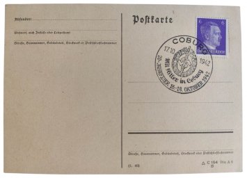 Postcard of the first day with a special stamp dedicated to Hitler's visit in Coburg, 1942 dated