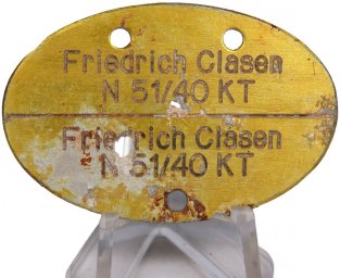 Kriegsmarine Erkennungsmarke - Nordsee Friedrich Classen N51 / 40 KT