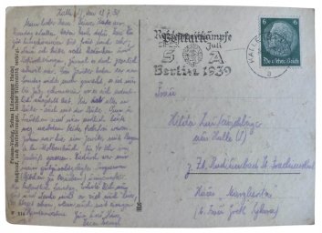 Postcard with SA stamp dedicated to the competitions in Berlin in 1939