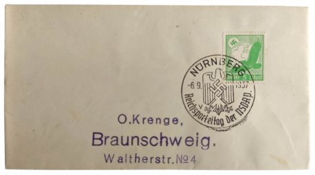 Empty envelope of the First day with a special stamp of Nurnberg party day in 1937