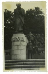 Soviet officers next to the Beethoven monument in Karlovy Vary, Czechoslovakia. 1945