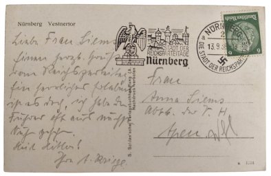 Postcard with stamps for town of Nuernberg dated 1938